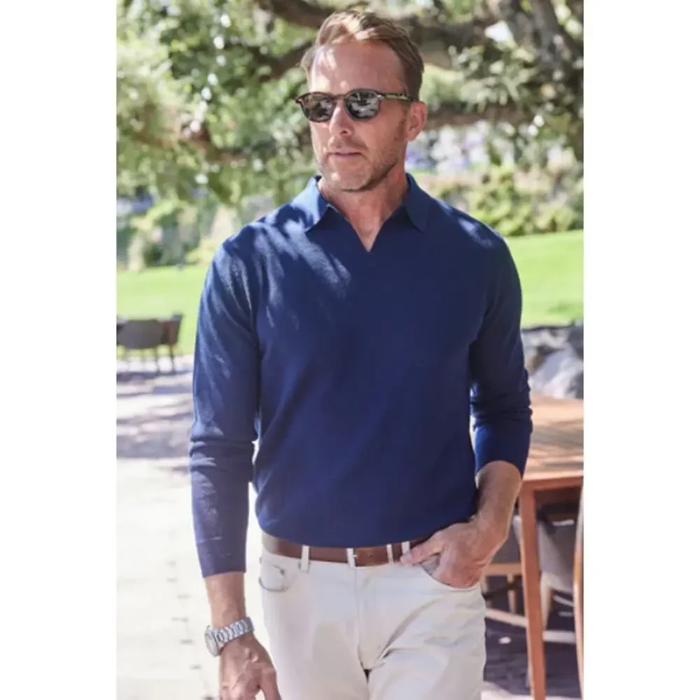 Collars & Co Merino Wool Notch Polo Sweater Navy Size S NWT